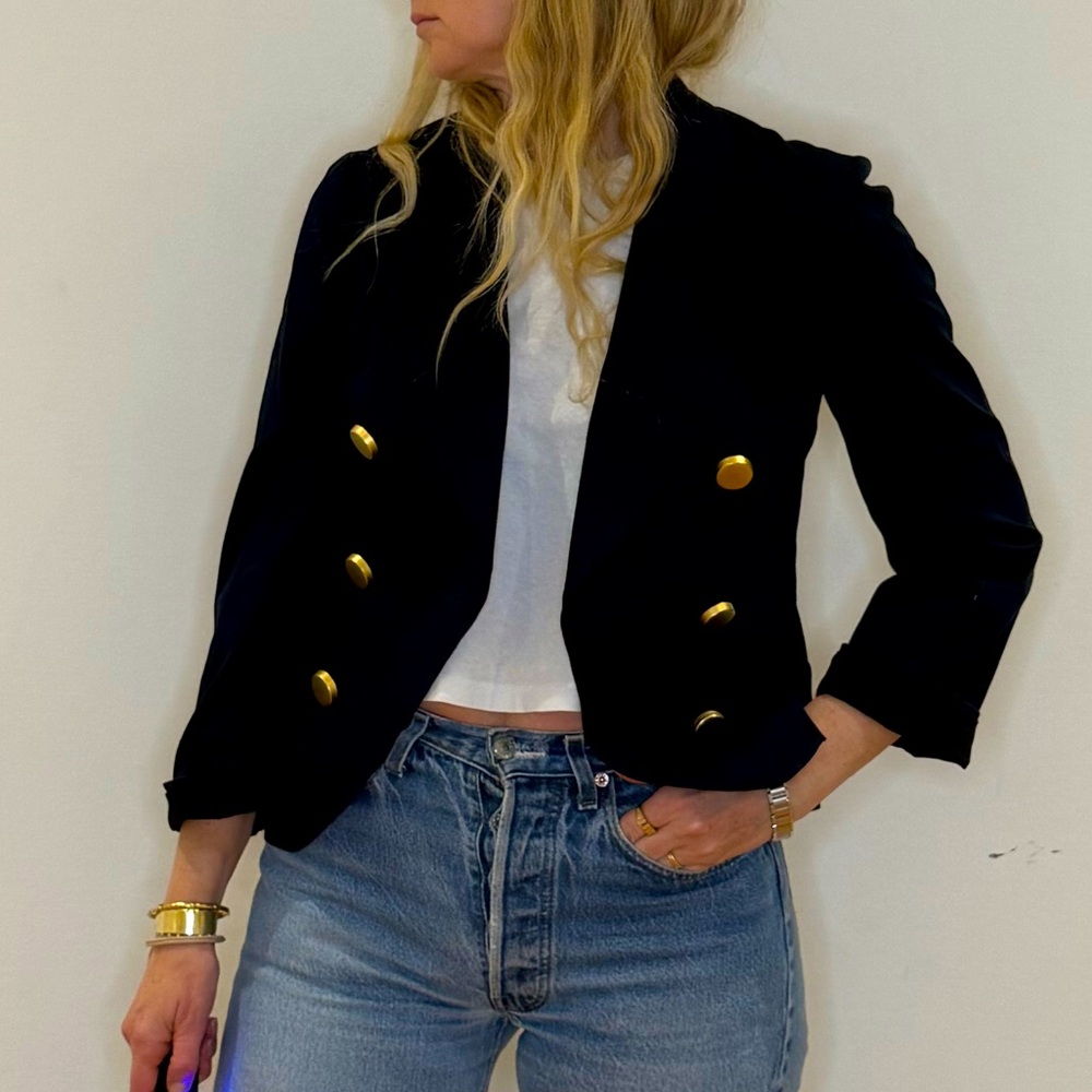 Thayer Cropped Navy Blazer with Gold Buttons size Small